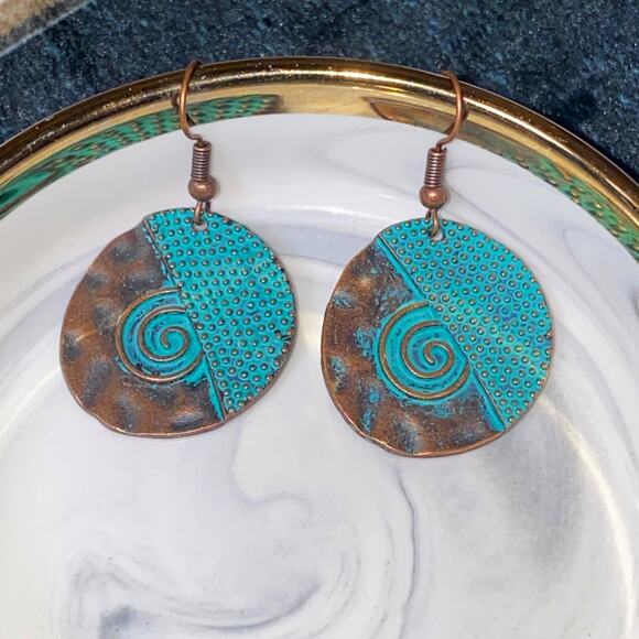 Anthropologie Jewelry - Aztec Native Patina Boho Turquoise Ornate Tribal Rustic‎ Dangle Earrings Round